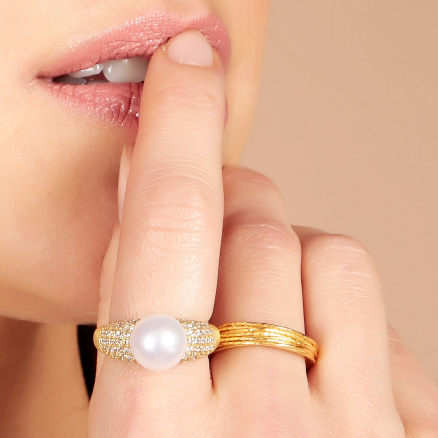 Pearl and crystal gold statement ring