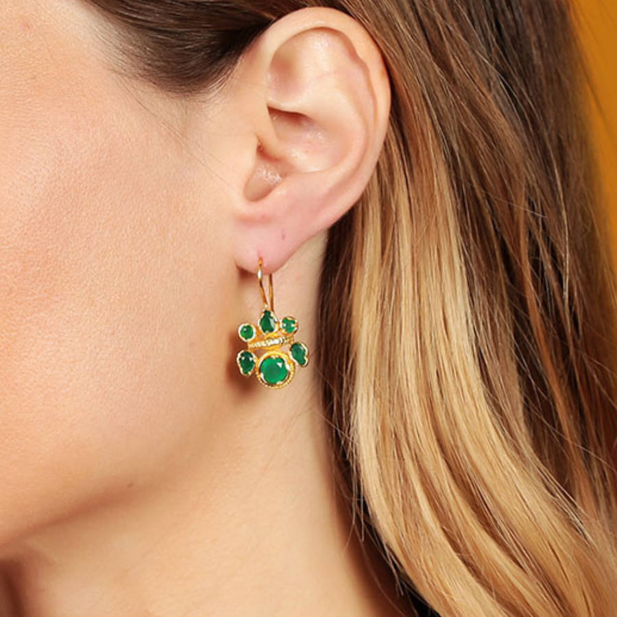 Intricate green onyx heritage gold earrings