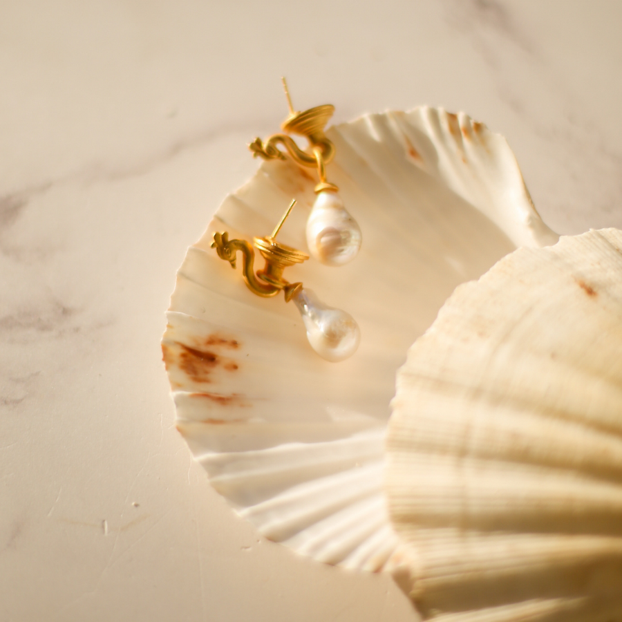 Mystical peacock and baroque pearl gold earrings