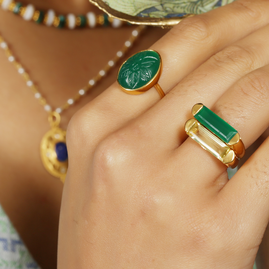 Astra deco ring with green onyx - gold vermeil